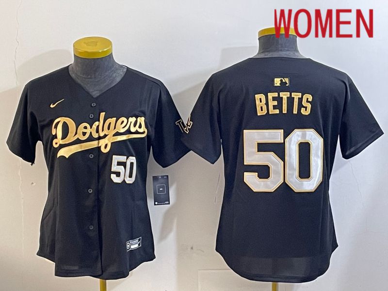 Women Los Angeles Dodgers #50 Betts Black Gold Game 2024 Nike MLB Jersey style 1209